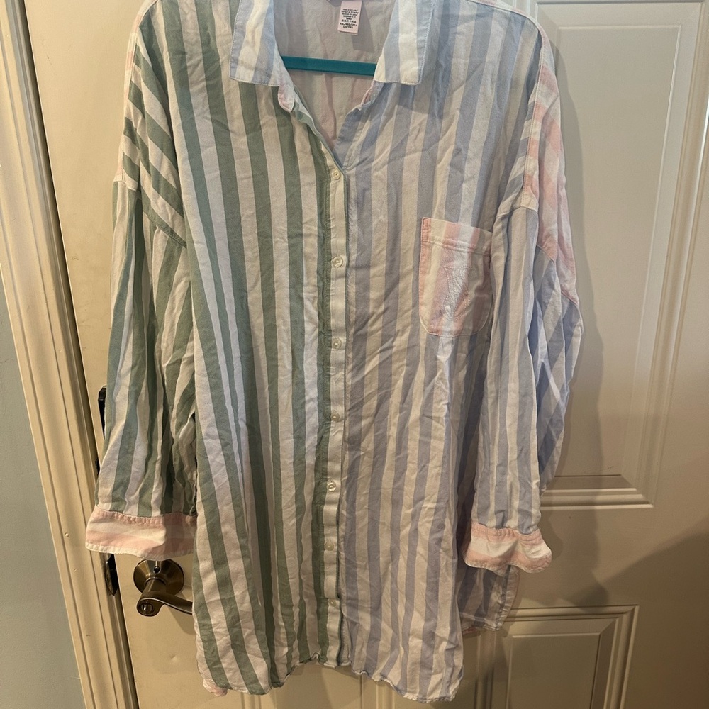 Striped Button-Up Long Sleeve Nightgown